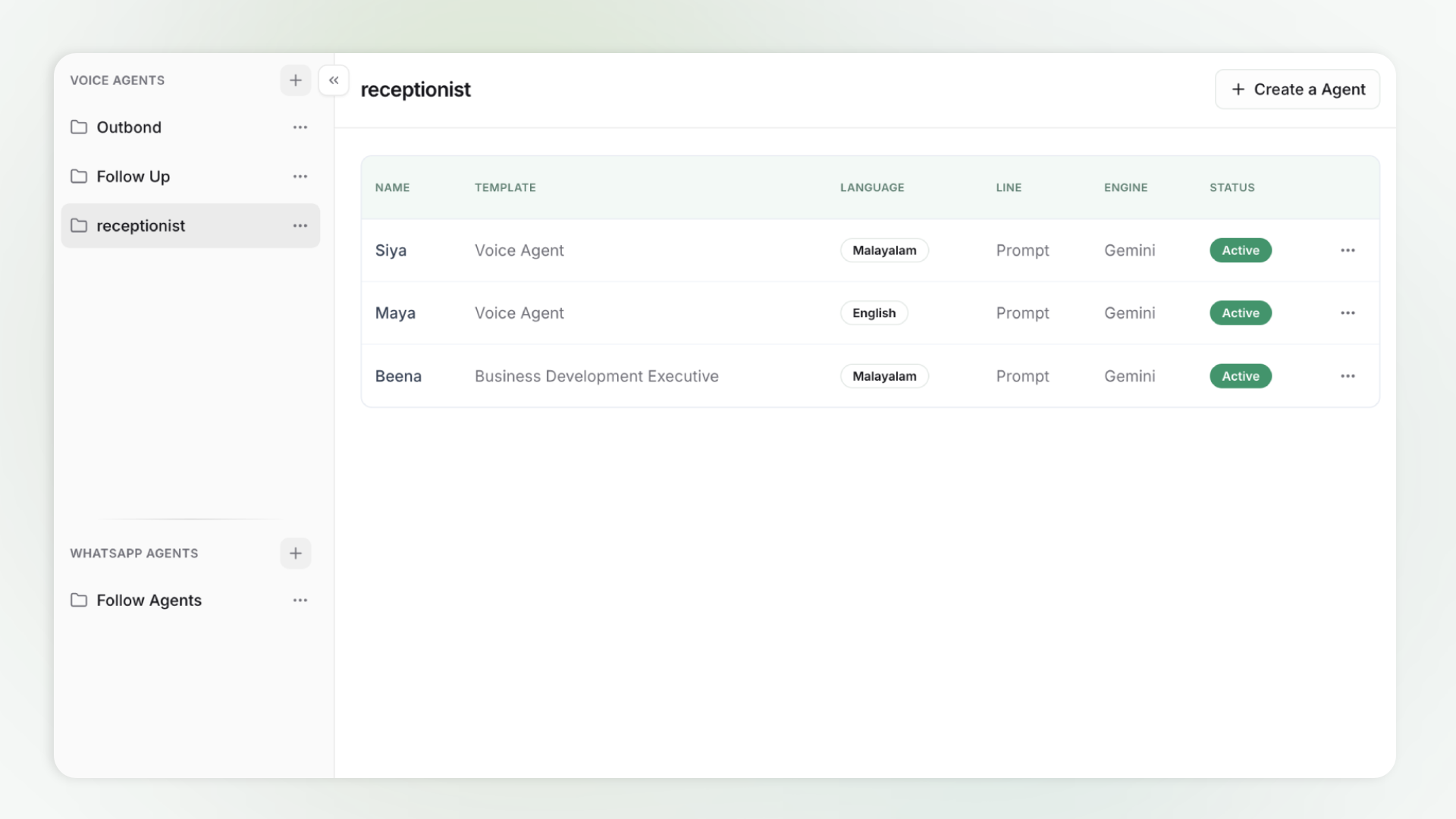 Binate voice agents list showing agent names, templates, languages, and Create Agent button