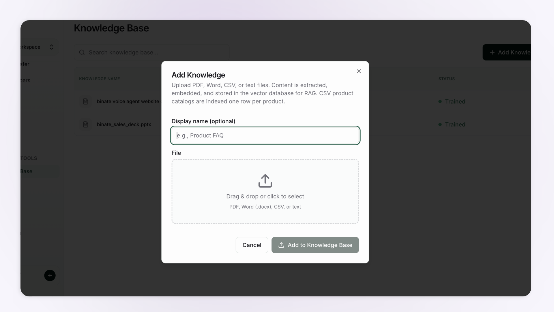 Binate Knowledge Base upload modal with vector database RAG indexing
